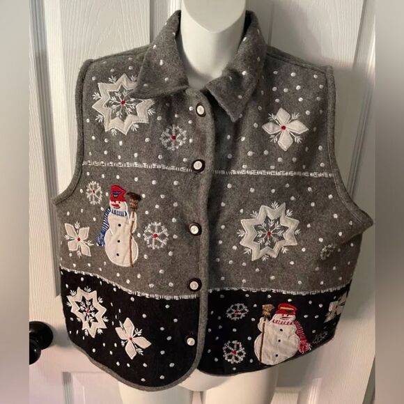Vintage Women's gray snowman / holiday wool vest (Christmas) size XL - Picture 1 of 5